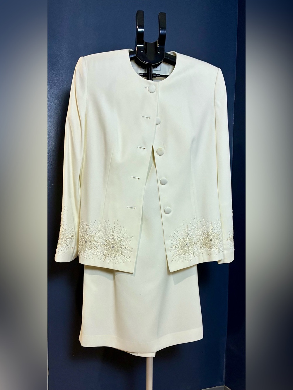 Women's Ivory Embellished Jacket - Skirt Set Elegant Button-Front Coat